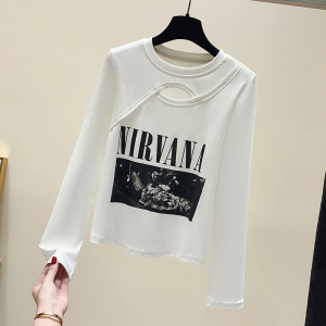 RM3792#新款长袖字母印花t恤女纯欲假两件修身上衣设计感潮