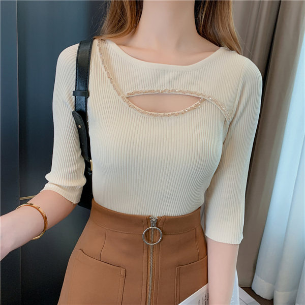 RM4070#新款性感串珠镂空设计感针织衫女中袖冰丝修身打底T恤女
