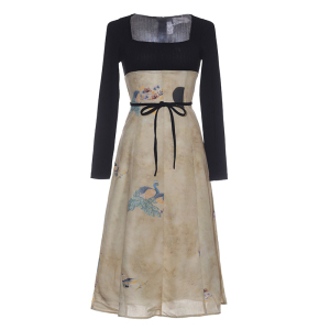 RM1523#新款国风针织拼接长袖连衣裙法式复古中式汉元素收腰显瘦裙子