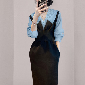 TR18422# 高冷御姐风时尚拼接连衣裙2023春季新款女装设计感高级感显瘦裙子