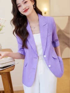 RM8187#新款紫色小个子西装外套女春夏季薄款中袖时尚雪纺防晒衫上衣