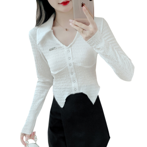 TR11605# 韩版设计感蕾丝衫V领修身长袖T恤女翻领不规则甜美纯色短打底上衣 服装批发女装直播货源