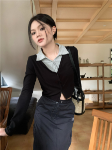 TR50656# 设计感假两件polo领长袖T恤上衣 服装批发女装批发服饰货源