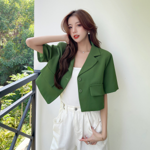 TR12060# 夏装韩版短袖扣子西装外套绿色短款百搭休闲黑开衫白外搭 服装批发女装服饰货源