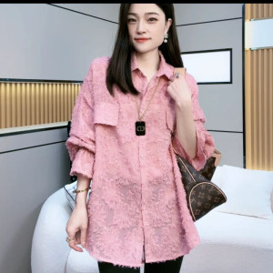 TR13382# 新款韩版设计感黑玫瑰蕾丝长袖衬衫女宽松大码减龄气质衬 服装批发女装直播货源