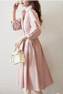 TR11707# 春季新款粉色收腰休闲翻领连衣裙女气质简约长袖衬衫裙 服装批发女装服饰货源