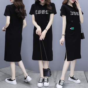 RM5859#大码连衣裙中长款T恤裙短袖连帽印花大码连衣裙女 含棉94.2%