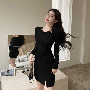 RM2563#新款黑色高腰长袖连衣裙女气质性感抽褶显瘦短裙