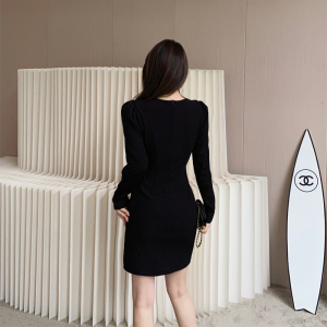 RM2563#新款黑色高腰长袖连衣裙女气质性感抽褶显瘦短裙
