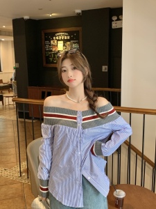 RM1538#春夏新款韩版条纹一字领衬衫女上衣