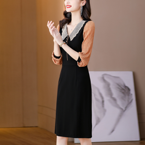 RM1546#领拼接咖啡色连衣裙 女装新款甜美气质中裙