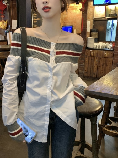 RM1538#春夏新款韩版条纹一字领衬衫女上衣