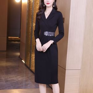 RM12304#连衣裙女2023新款法式高端气质名媛长袖黑色裙子包臀裙早春