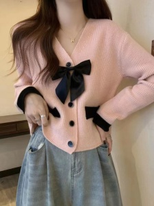 RM1510#新款小香风蝴蝶结V领设计感显瘦气质针织衫毛衣女