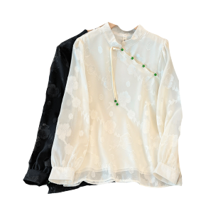 RM3074#春夏新款大码女装胖mm复古时尚中式提花设计雪纺衬衫