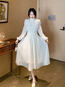 RM2021#新款长袖雪纺仙女连衣裙法式收腰温柔中长裙
