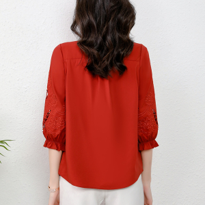 TR11862# 红色刺绣棉布衬衫女设计感小众春季立领衬衣七分袖上衣 服装批发女装服饰货源