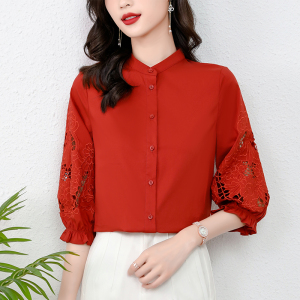 TR11862# 红色刺绣棉布衬衫女设计感小众春季立领衬衣七分袖上衣 服装批发女装服饰货源