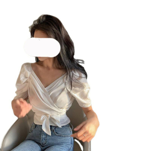 RM1743#短袖女泡泡袖衬衫女夏新款设计感小个子交叉衬衣领修身短款