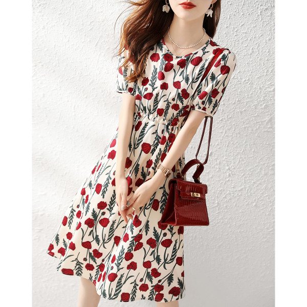 RM2979#夏季圆领撞色花朵收腰精致显瘦裙子通勤气质连衣裙