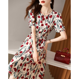 RM2979#夏季圆领撞色花朵收腰精致显瘦裙子通勤气质连衣裙