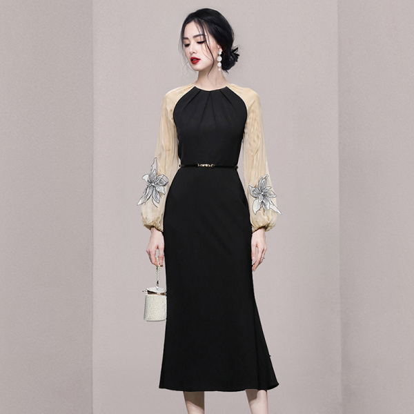 RM1582#新款气质撞色灯笼袖修身收腰显瘦黑色连衣裙长裙裙子