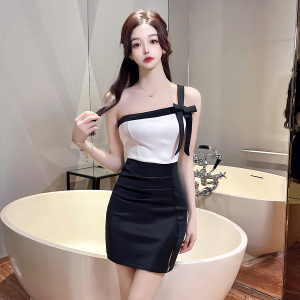 Temperament sexy contrast color patchwork bra and buttock dress