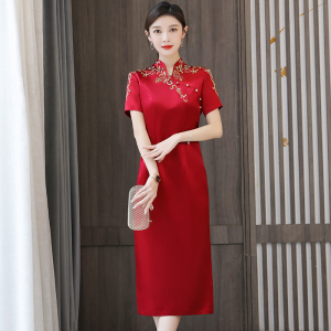 RM6295#婚礼旗袍2023夏新款高档醋酸连衣裙酒红色年轻喜婆婆婚宴礼服