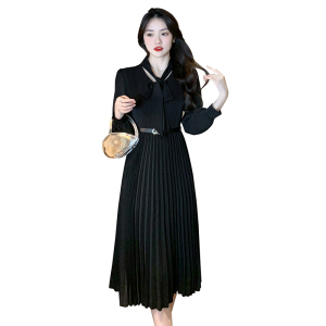 TR12350# 春季新款纯色黑色皮带系带百褶裙经典气质优雅长袖长裙 服装批发女装服饰货源