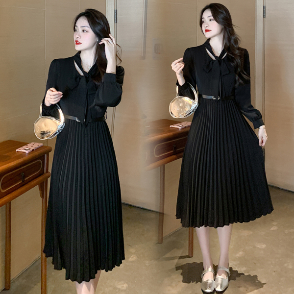 RM1661#新款纯色黑色皮带系带百褶裙经典气质优雅长袖长裙