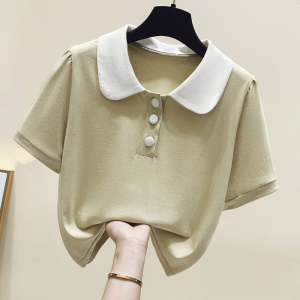 RM5253#夏韩版新款学院风娃娃领拼色短袖T恤时尚百搭上衣