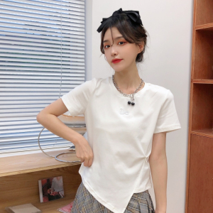 RM1552#夏季宽松圆领上衣新款短袖t恤女短款不规则刺绣