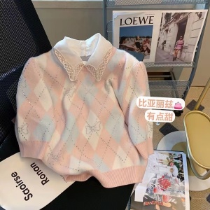 RM1506#粉色小香风菱格短袖毛衣女2023春季新款设计感镶钻假两件针织上衣