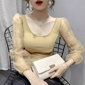 TR12773# 春季新品韩版设计感网纱拼接长袖修身短款雪纺 服装批发女装服饰货源