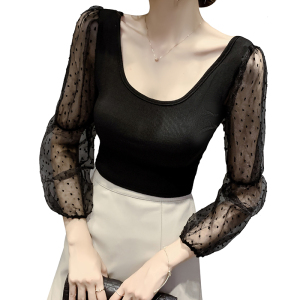 TR12773# 春季新品韩版设计感网纱拼接长袖修身短款雪纺 服装批发女装服饰货源