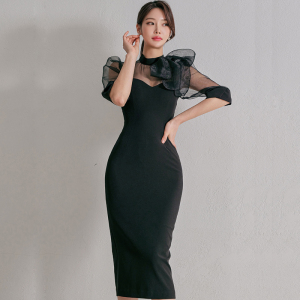 RM23529#夏季新款韩版气质拼接透视蝴蝶结修身包臀时尚连衣裙女