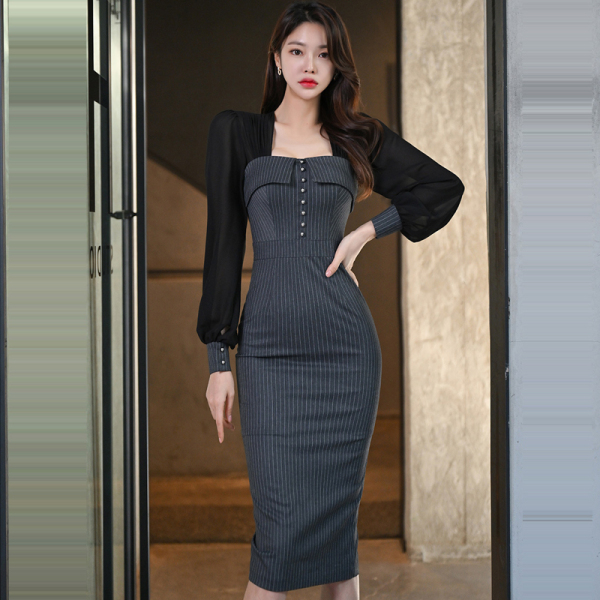 RM23525#春夏季新款韩版气质修身中长款拼接条纹包臀职业连衣裙
