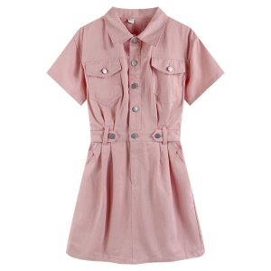 RM2730#纯棉斜纹 高级感短裙小众设计气质收腰粉色连衣裙女