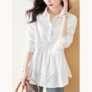 RM5665#新款时尚纯色花边镂空衬衣休闲时尚显瘦百搭白色长袖衬衫