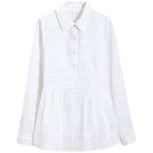 RM5665#新款时尚纯色花边镂空衬衣休闲时尚显瘦百搭白色长袖衬衫