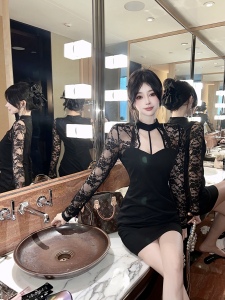 V-neck lace panel long-sleeved buttock dress