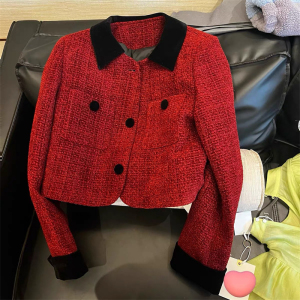 TR12635# 原版面料韩系时髦洋气红色短款外套女装春秋季小个子夹克上衣潮 服装批发女装服饰货源
