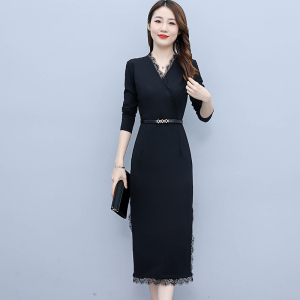 RM1806#黑色长裙连衣裙秋装新款女长袖V领修身显瘦气质过膝包臀裙子