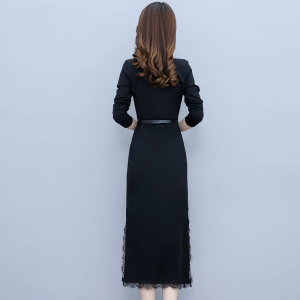 RM1806#黑色长裙连衣裙秋装新款女长袖V领修身显瘦气质过膝包臀裙子