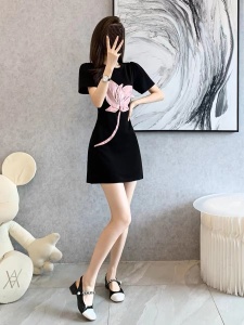 RM10391#郁金香甜美圆领宽松显瘦T恤裙别致设计感黑色连衣裙女装夏季减龄