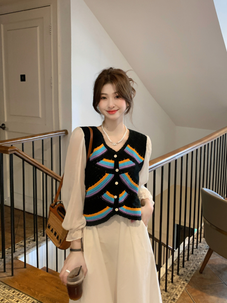RM1539#夏天雪纺拼接撞色针织衫百搭甜美气质半身长裙