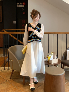 RM1539#夏天雪纺拼接撞色针织衫百搭甜美气质半身长裙