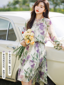 RM1809#真丝连衣裙 新款高级感气质碎花系带桑蚕丝显瘦长裙子
