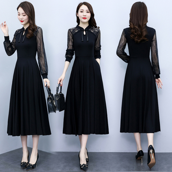 RM1845#新款法式赫本风黑色连衣裙胖MM修身显瘦拼接中长款裙子