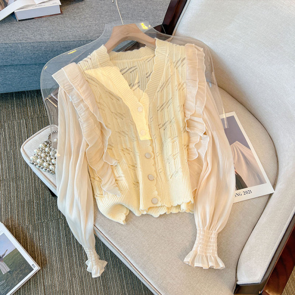 RM3392#新款大码女装荷叶边法式V领长袖洋气米白色针织衬衫潮
